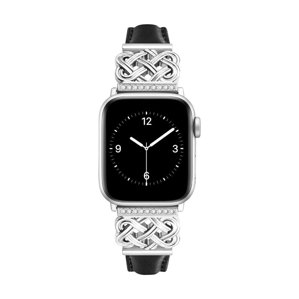 Correa Apple Watch, motivo de nudo chino engastado con circonitas, banda lisa, modelo Celtia