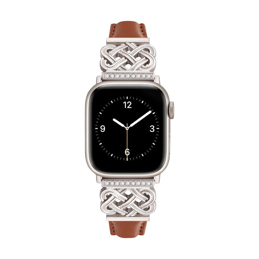 Correa Apple Watch, motivo de nudo chino engastado con circonitas, banda lisa, modelo Celtia