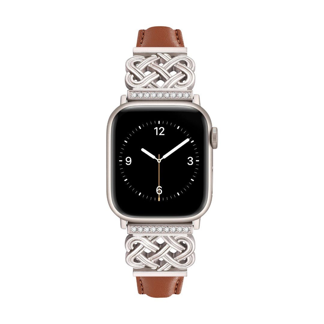 Correa Apple Watch, motivo de nudo chino engastado con circonitas, banda lisa, modelo Celtia
