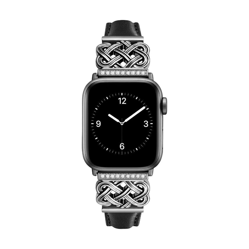 Correa Apple Watch, motivo de nudo chino engastado con circonitas, banda lisa, modelo Celtia