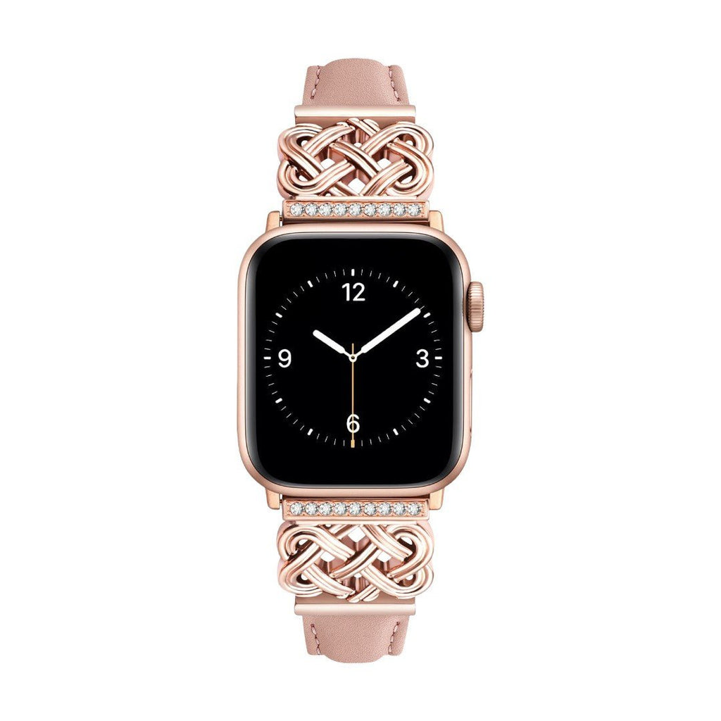 Correa Apple Watch, motivo de nudo chino engastado con circonitas, banda lisa, modelo Celtia