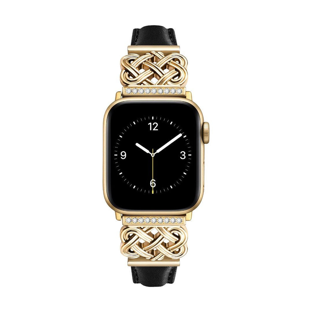 Correa Apple Watch, motivo de nudo chino engastado con circonitas, banda lisa, modelo Celtia
