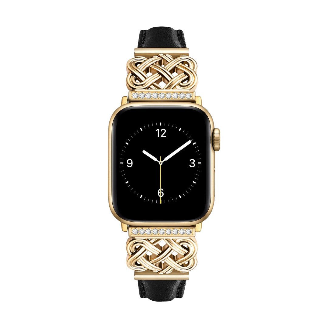 Correa Apple Watch, motivo de nudo chino engastado con circonitas, banda lisa, modelo Celtia