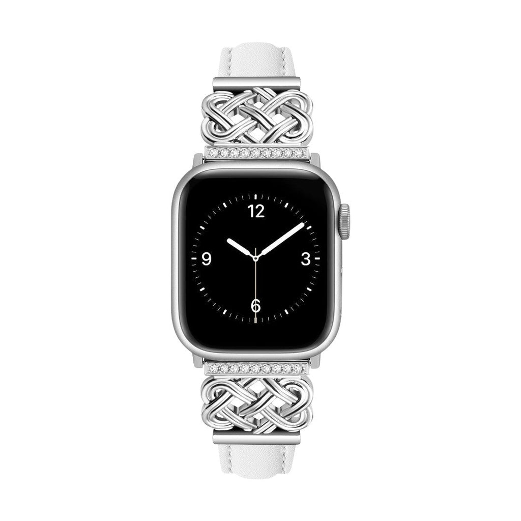 Correa Apple Watch, motivo de nudo chino engastado con circonitas, banda lisa, modelo Celtia