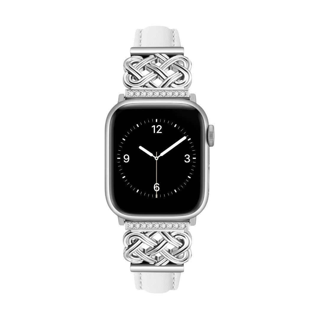 Correa Apple Watch, motivo de nudo chino engastado con circonitas, banda lisa, modelo Celtia