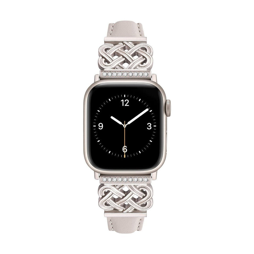 Correa Apple Watch, motivo de nudo chino engastado con circonitas, banda lisa, modelo Celtia
