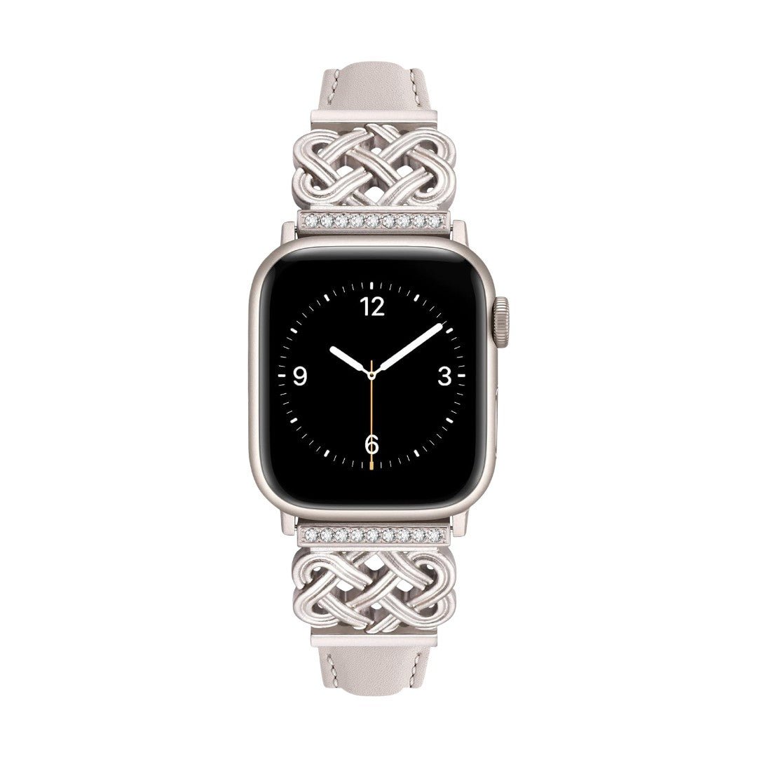 Correa Apple Watch, motivo de nudo chino engastado con circonitas, banda lisa, modelo Celtia
