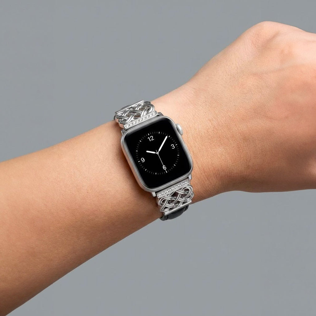 Correa Apple Watch, motivo de nudo chino engastado con circonitas, banda lisa, modelo Celtia