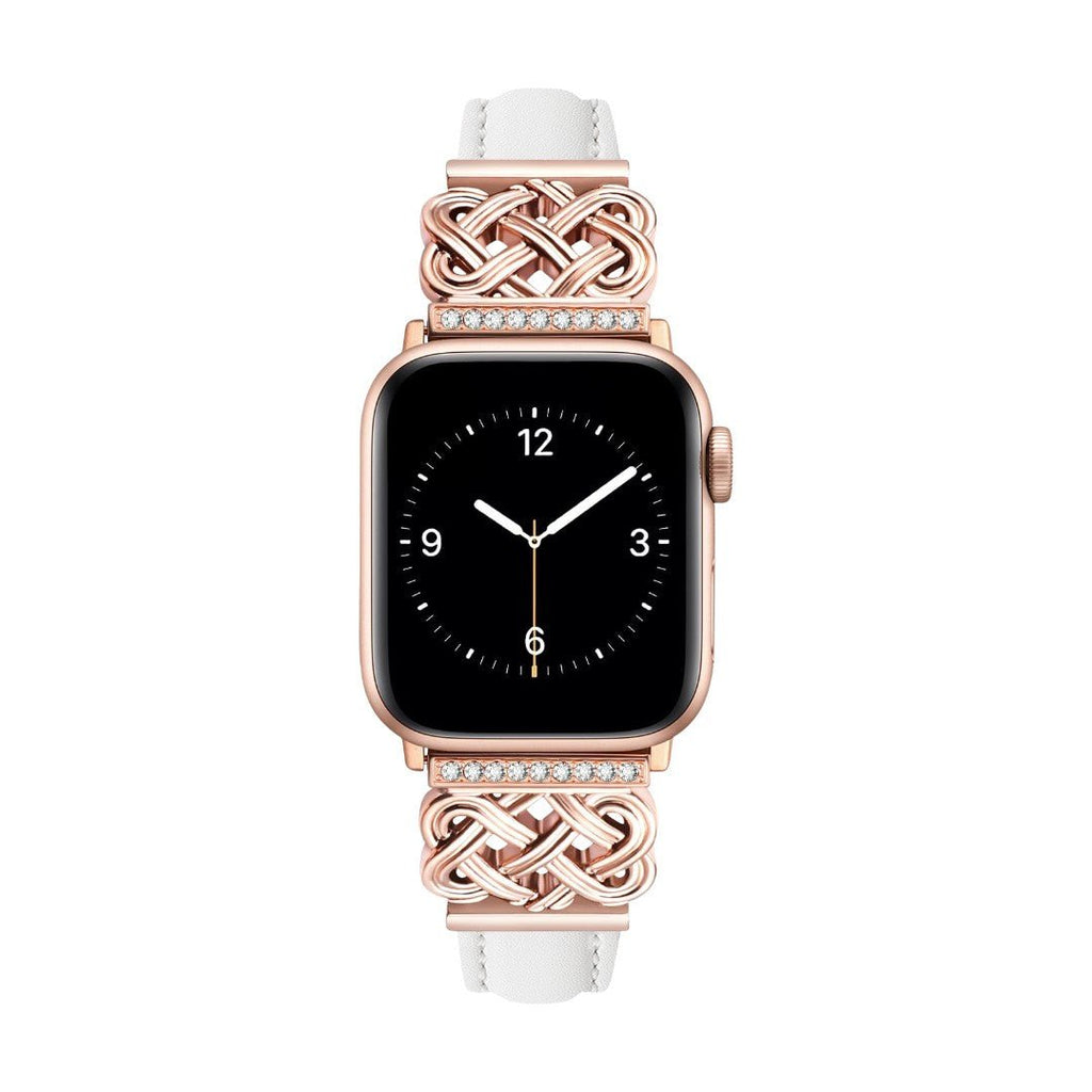 Correa Apple Watch, motivo de nudo chino engastado con circonitas, banda lisa, modelo Celtia