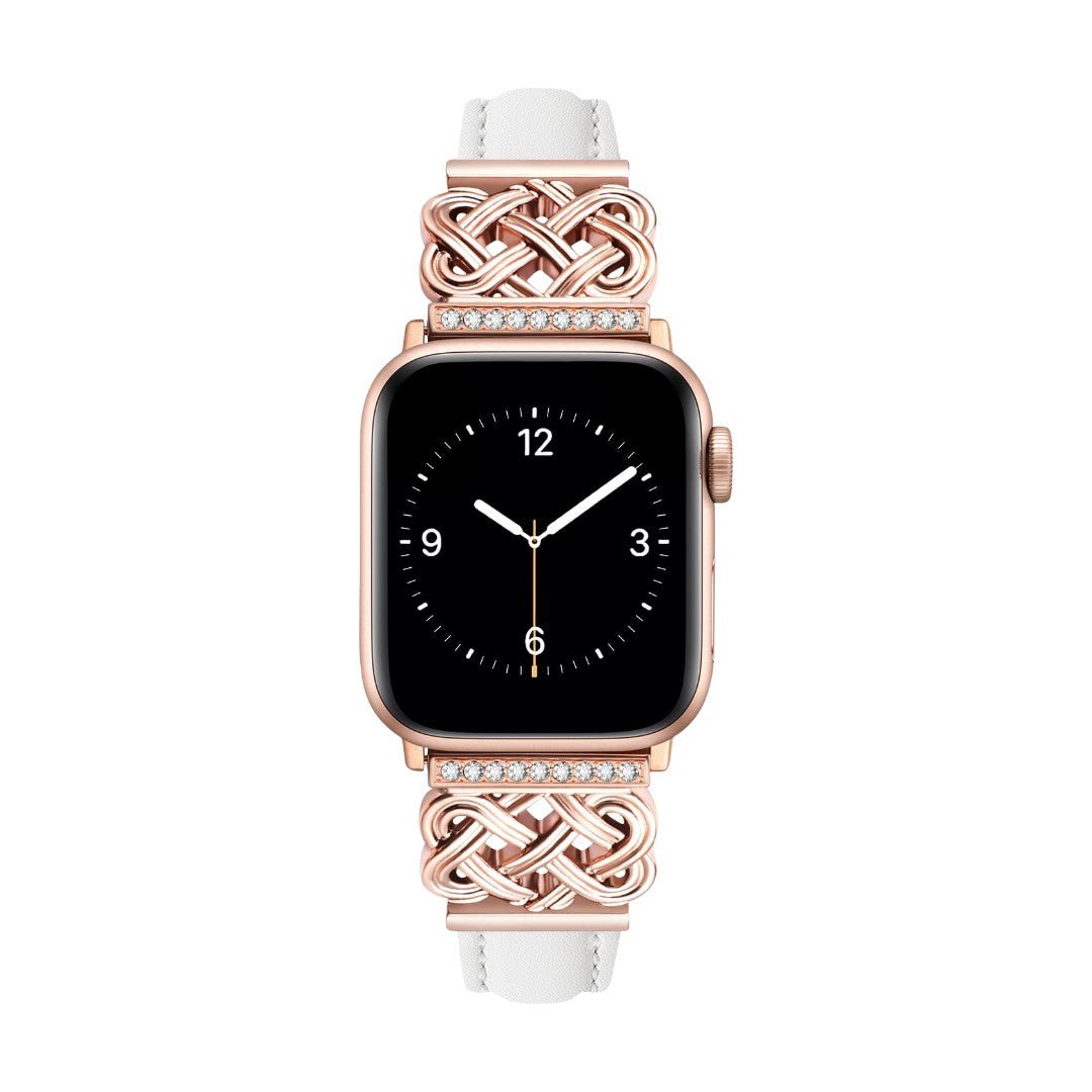 Correa Apple Watch, motivo de nudo chino engastado con circonitas, banda lisa, modelo Celtia