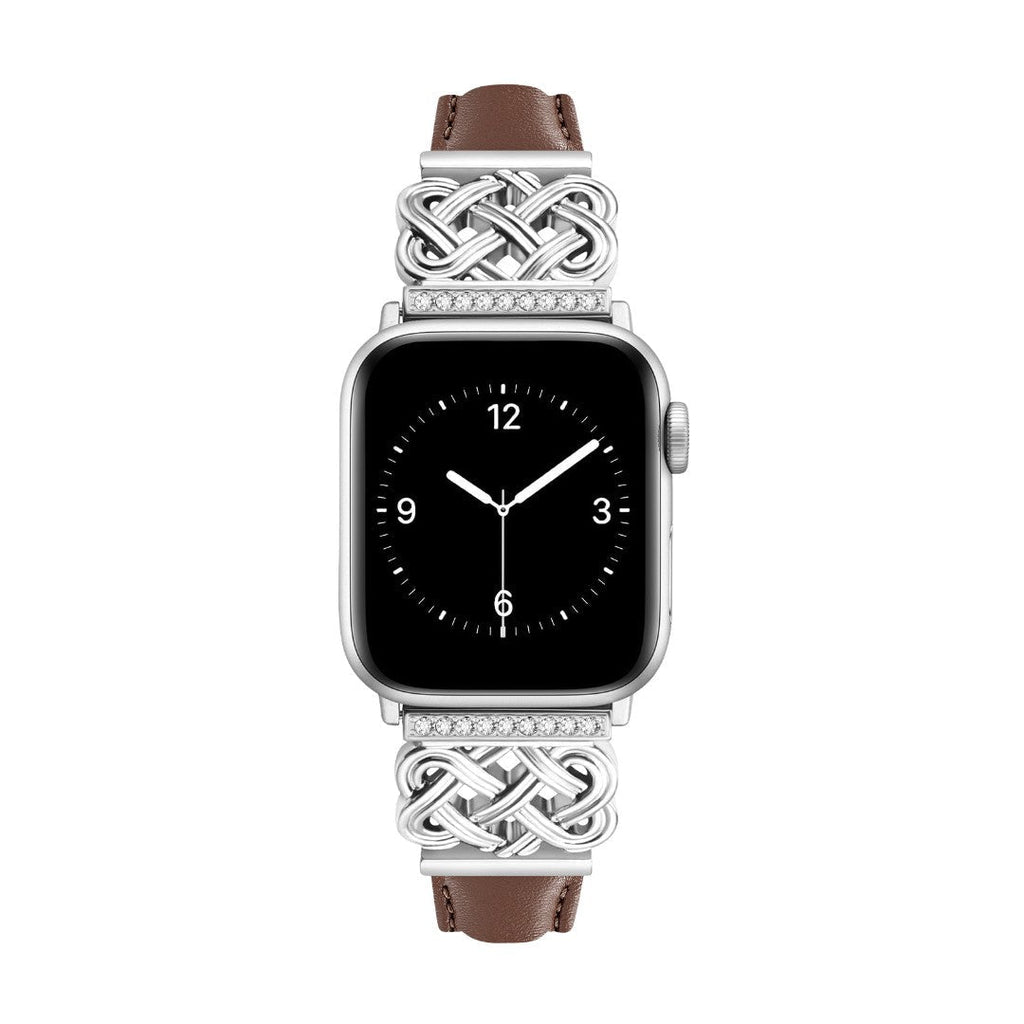 Correa Apple Watch, motivo de nudo chino engastado con circonitas, banda lisa, modelo Celtia