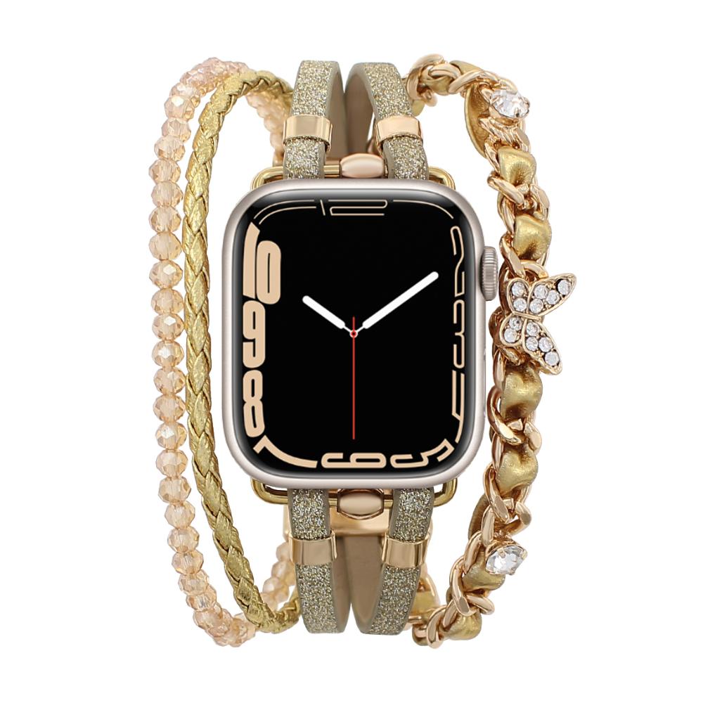 Correa Apple Watch multicapa, ajustable con eslabones y charm de mariposa, chic y elegante, modelo Zoune