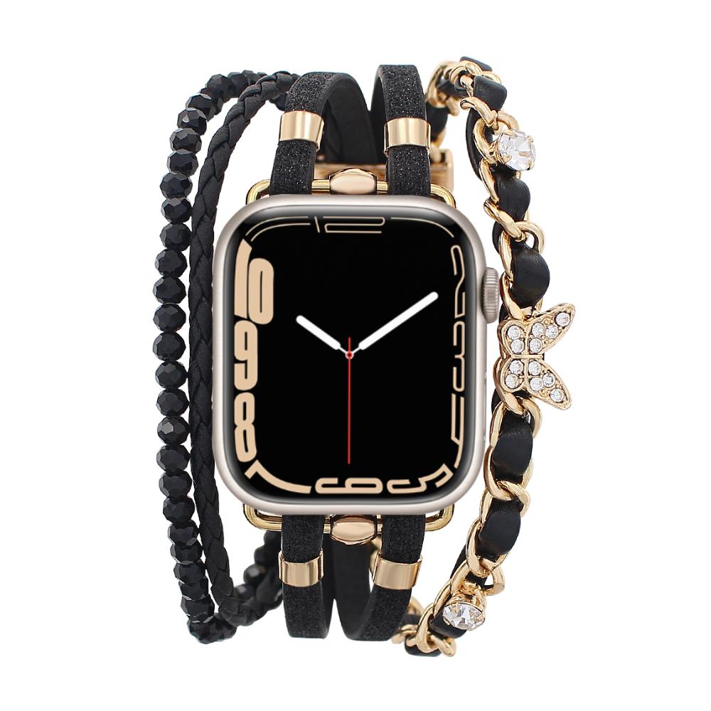 Correa Apple Watch multicapa, ajustable con eslabones y charm de mariposa, chic y elegante, modelo Zoune