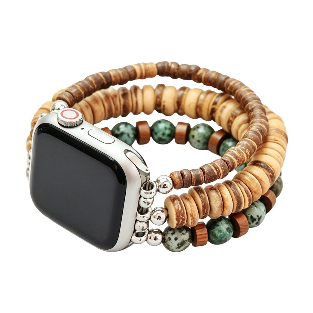 Pulsera multihilera para Apple Watch, que combina la elegancia de la madera natural con el brillo de la turquesa africana, modelo Yidza
