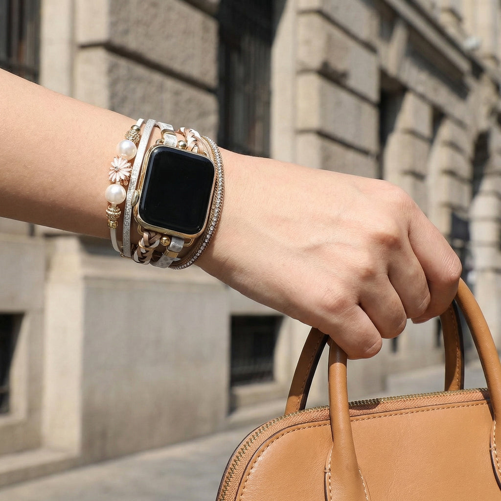 Correa Apple Watch, multicapa, colgante de flor, para mujer, modelo Liberta