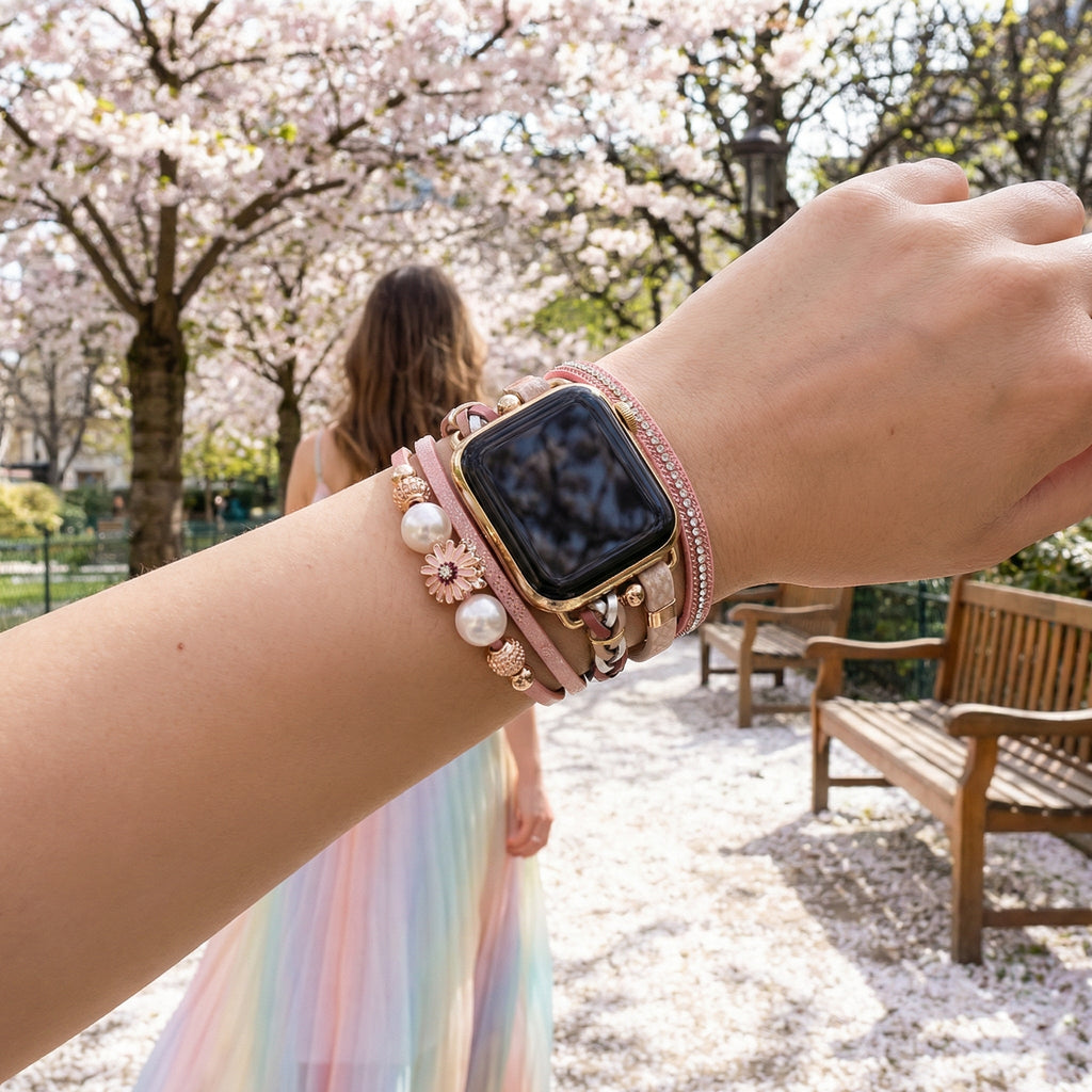 Correa Apple Watch, multicapa, colgante de flor, para mujer, modelo Liberta