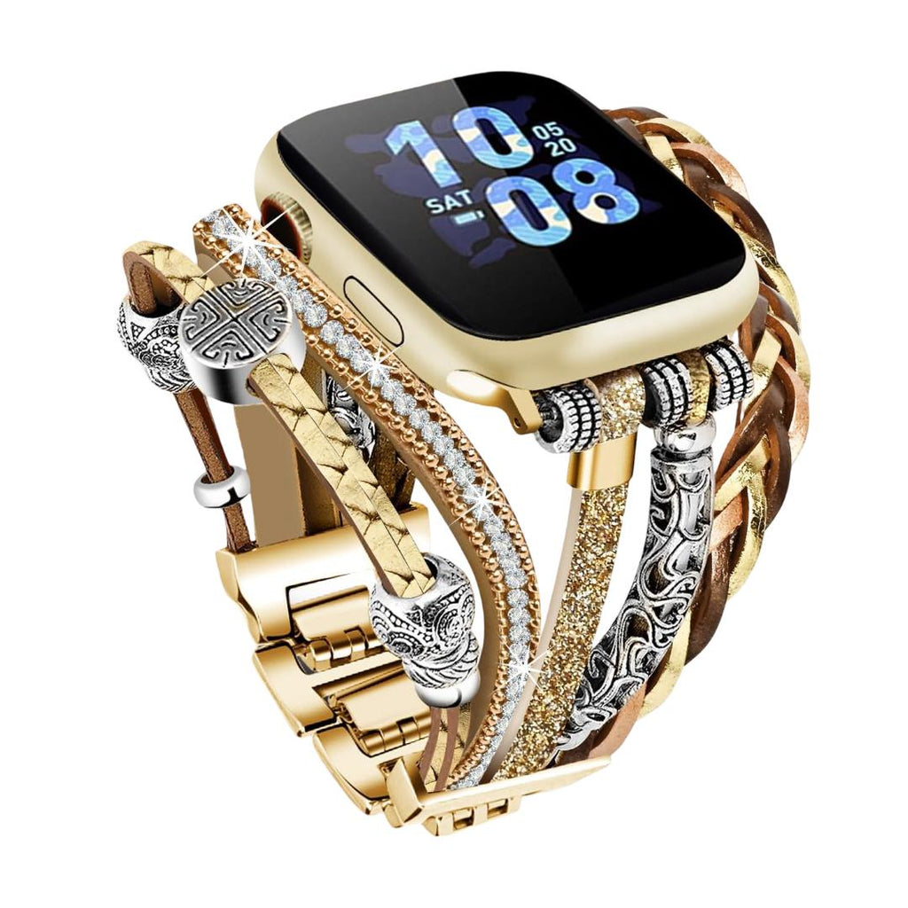 Pulsera multihilera dorada para Apple Watch, joya de muñeca ajustable, tiras trenzadas y cuentas metálicas, accesorio elegante para reloj inteligente, acabado brillante y texturizado, modelo Rédine