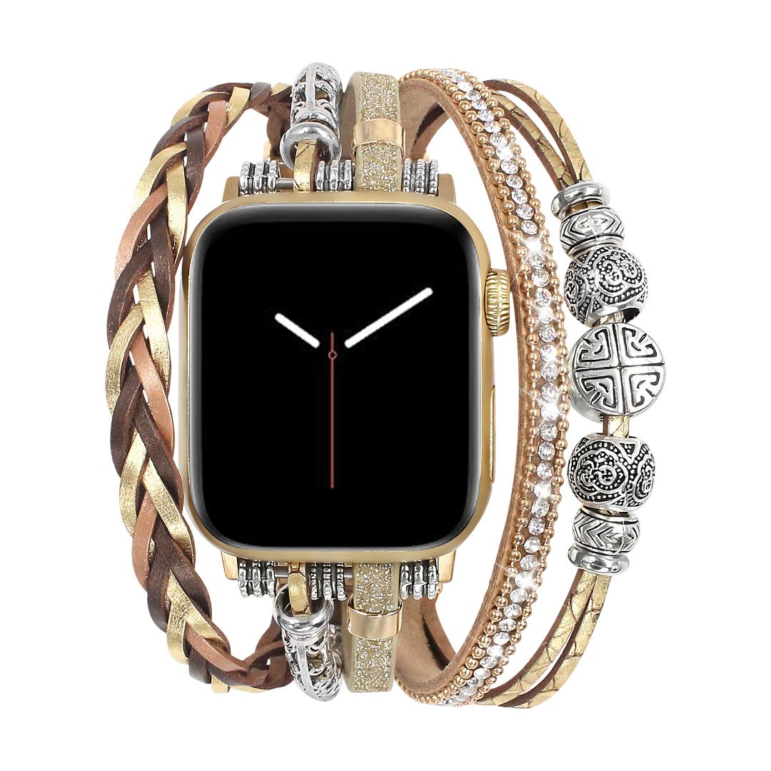 Pulsera multihilera dorada para Apple Watch, joya de muñeca ajustable, tiras trenzadas y cuentas metálicas, accesorio elegante para reloj inteligente, acabado brillante y texturizado, modelo Rédine