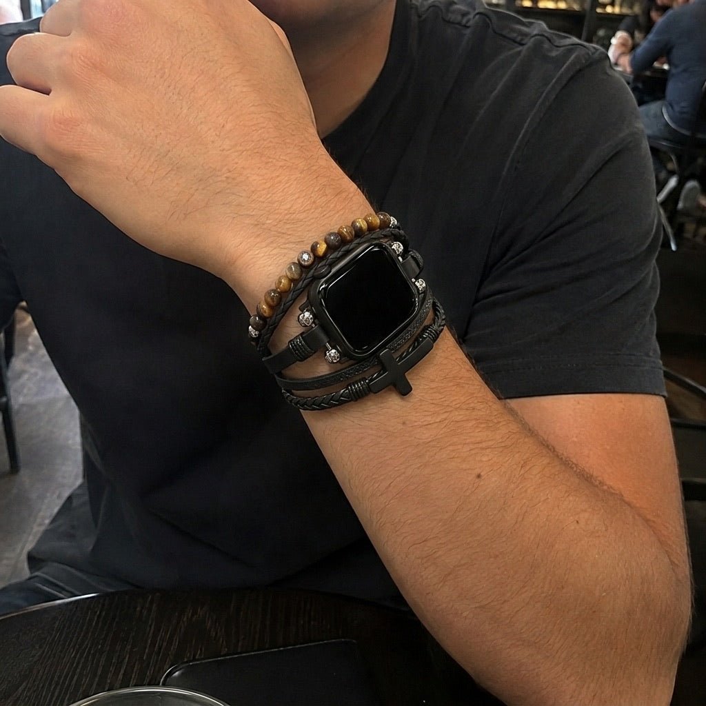 Caleb Multi-layer Tiger Eye Bead and Black Cross Apple Watch Band for Men