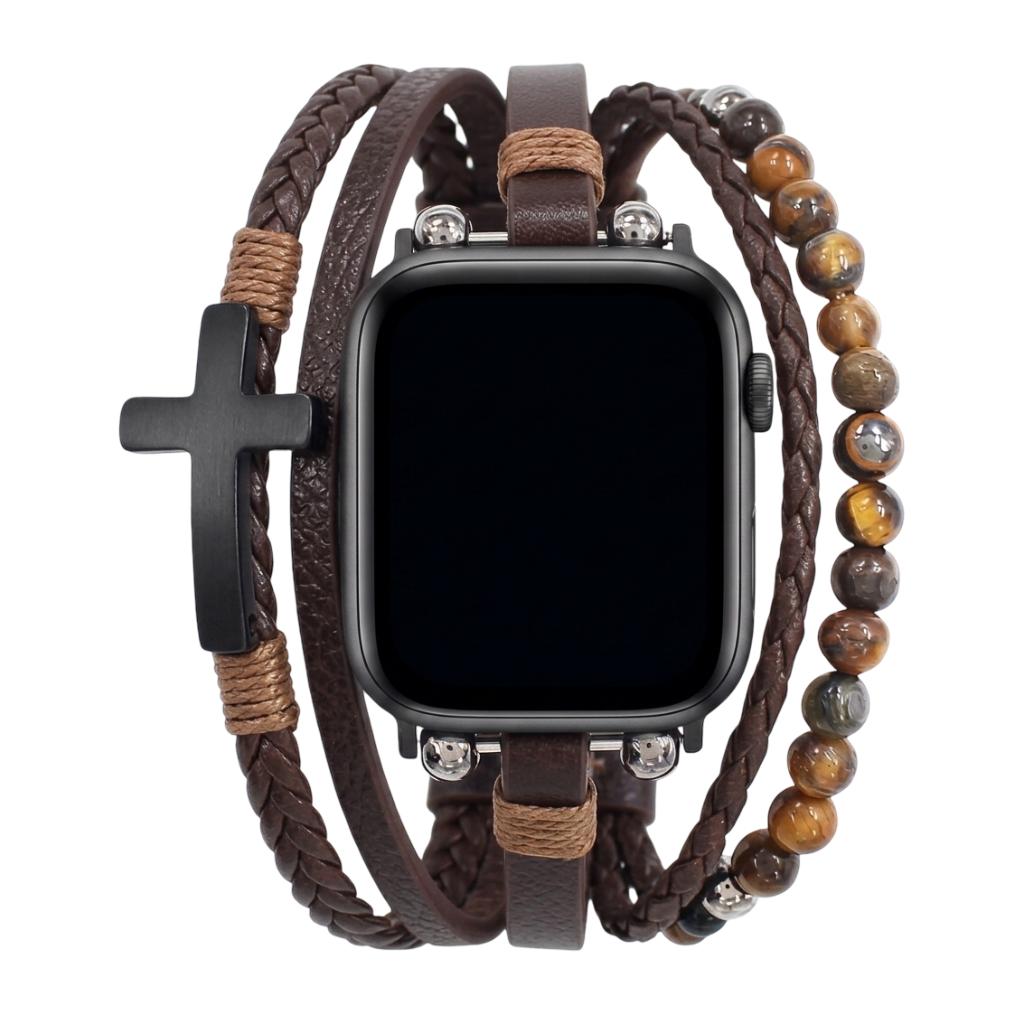 Caleb Multi-layer Tiger Eye Bead and Black Cross Apple Watch Band for Men