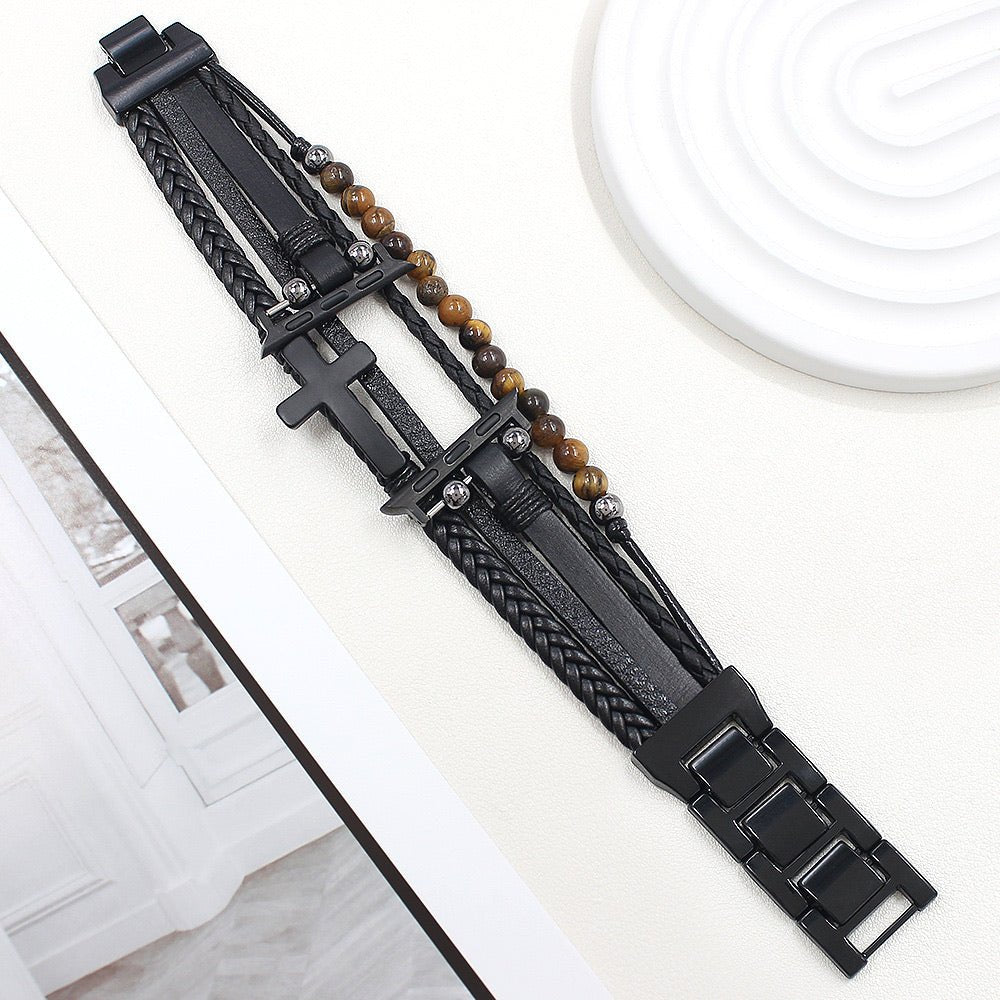 Caleb Multi-layer Tiger Eye Bead and Black Cross Apple Watch Band for Men