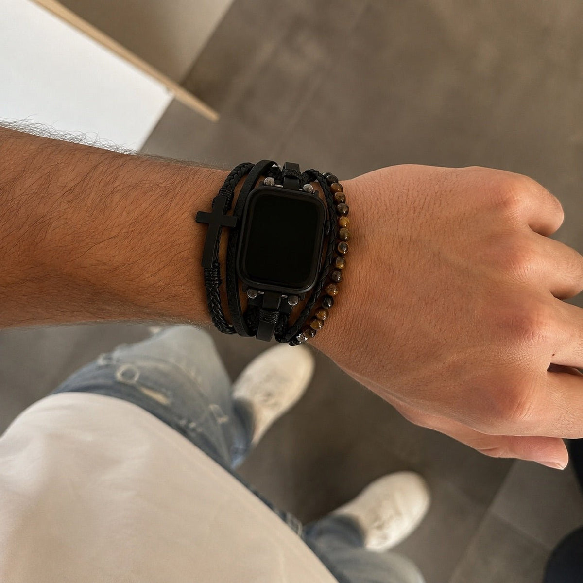 Caleb Multi-layer Tiger Eye Bead and Black Cross Apple Watch Band for Men