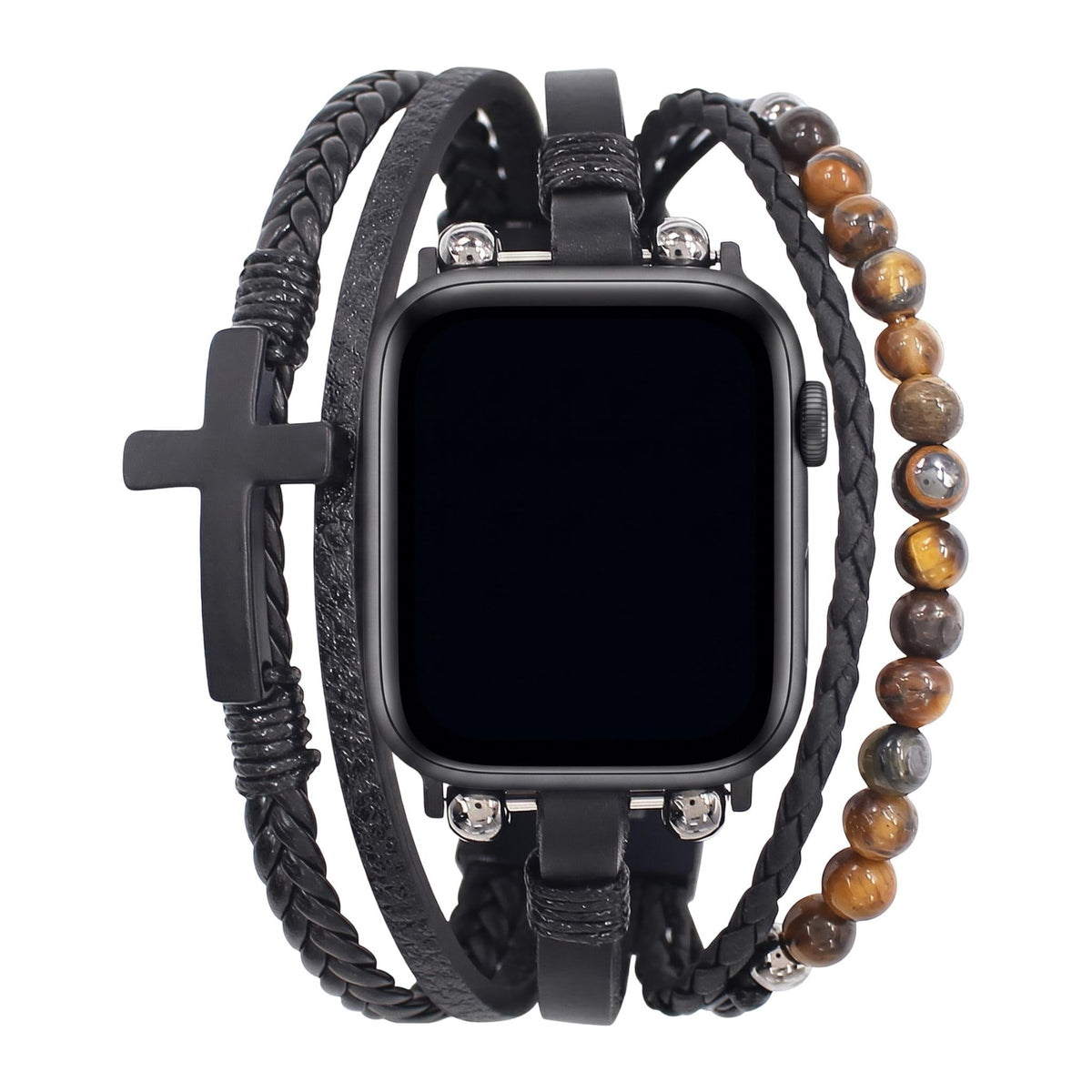 Caleb Multi-layer Tiger Eye Bead and Black Cross Apple Watch Band for Men