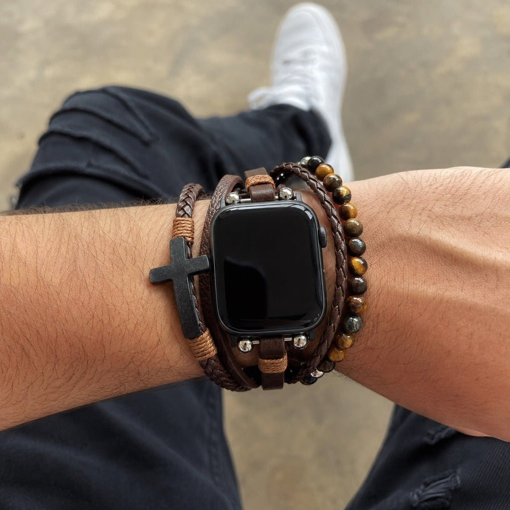 Caleb Multi-layer Tiger Eye Bead and Black Cross Apple Watch Band for Men