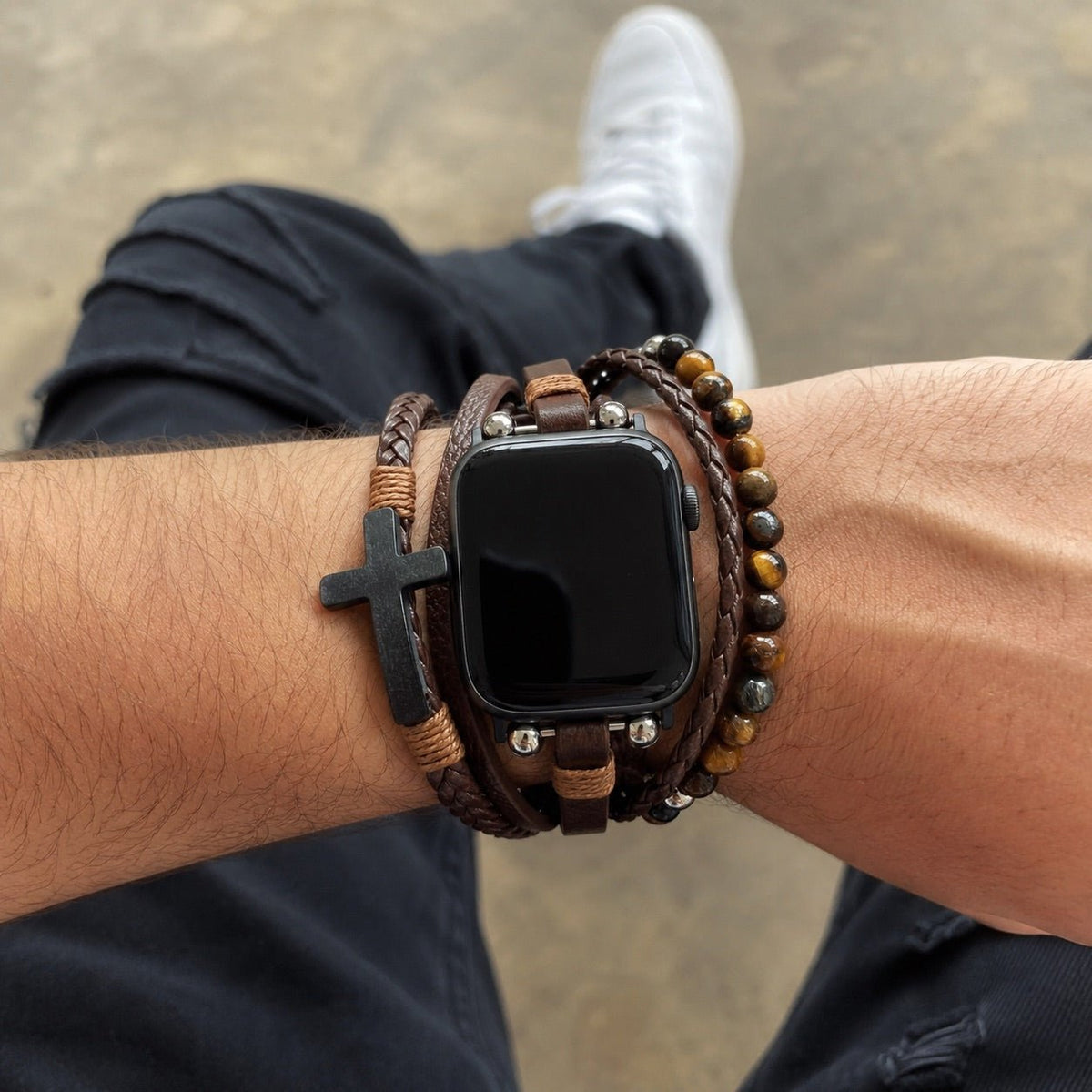 Caleb Multi-layer Tiger Eye Bead and Black Cross Apple Watch Band for Men
