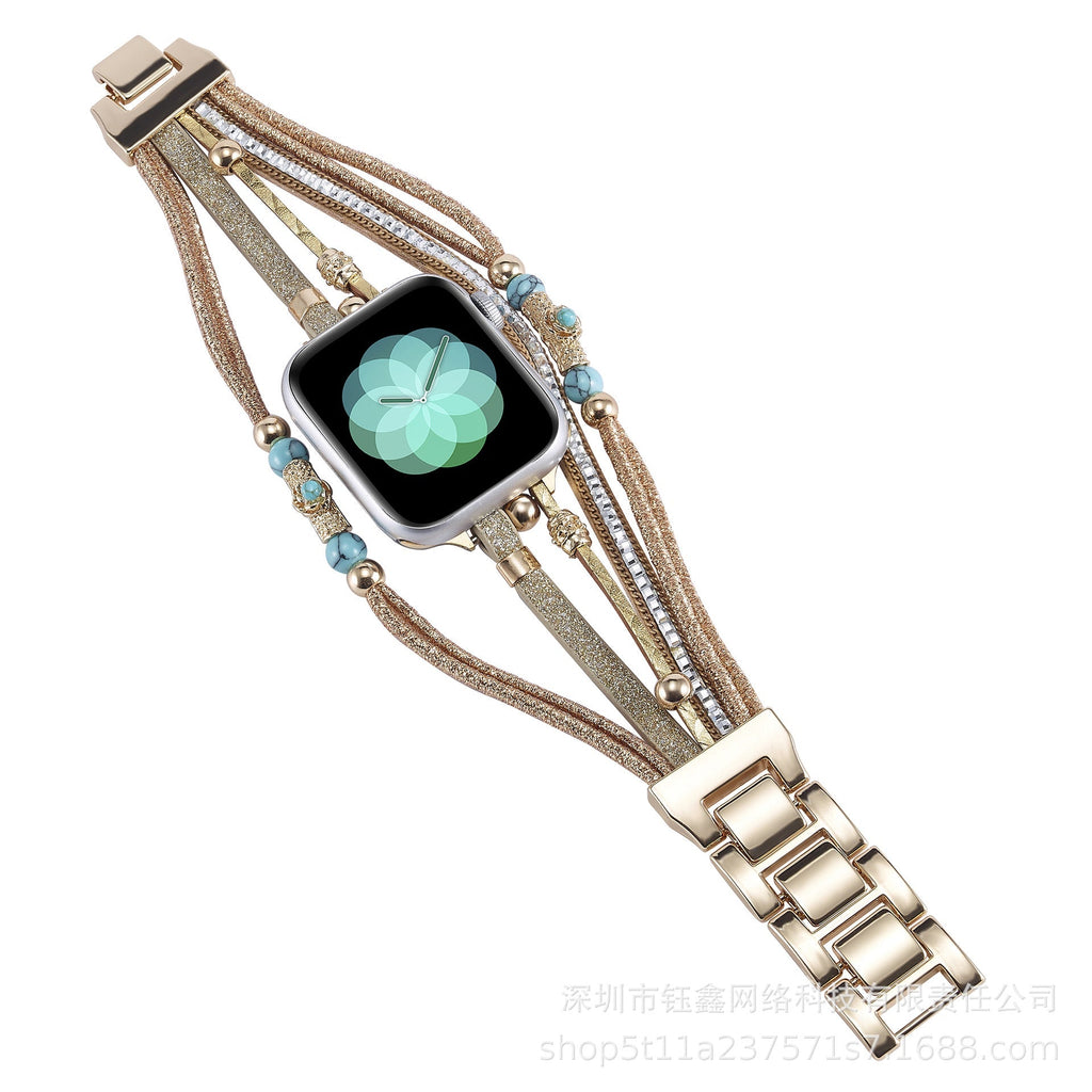 Correa Apple Watch multicapa, perlas turquesa y cordones brillantes, acabado dorado o plateado, para mujer, modelo Christine