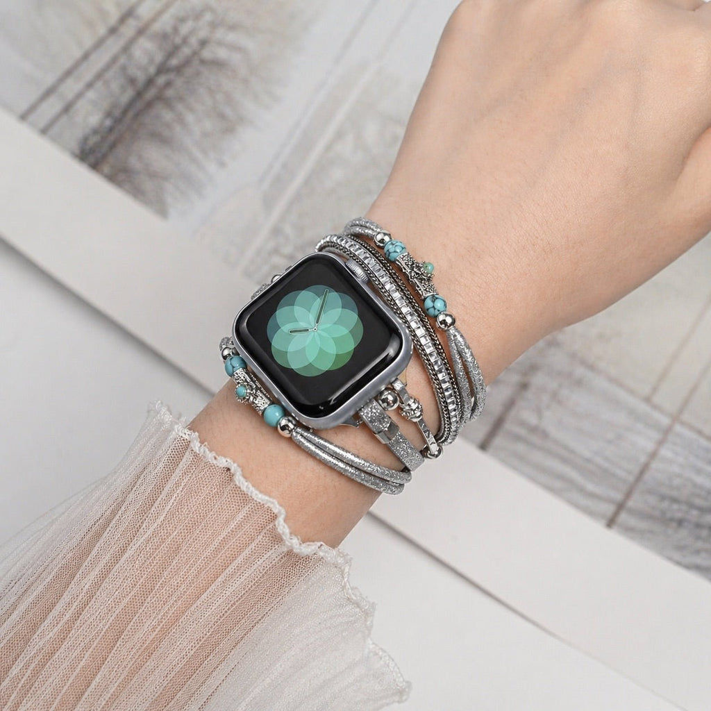 Correa Apple Watch multicapa, perlas turquesa y cordones brillantes, acabado dorado o plateado, para mujer, modelo Christine