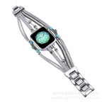 Correa Apple Watch multicapa, perlas turquesa y cordones brillantes, acabado dorado o plateado, para mujer, modelo Christine