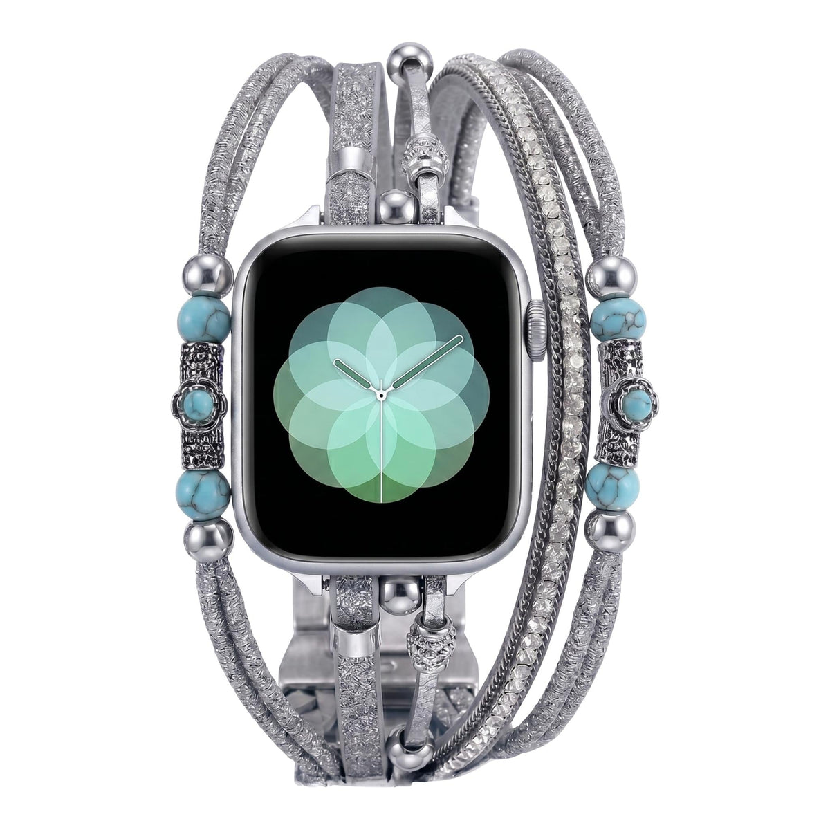 Correa Apple Watch multicapa, perlas turquesa y cordones brillantes, acabado dorado o plateado, para mujer, modelo Christine