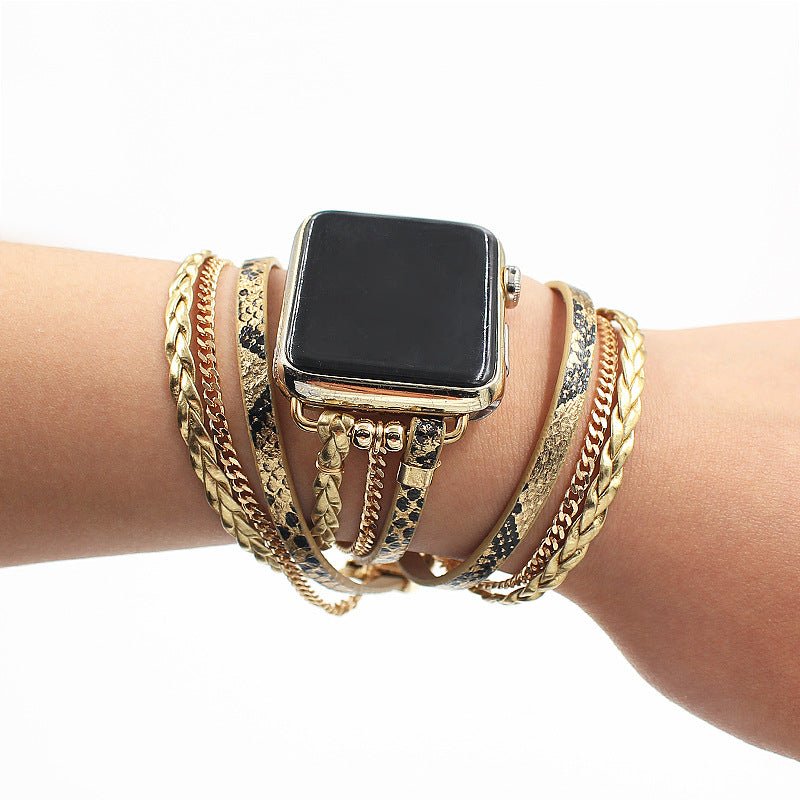 Correa multi-hilera para Apple Watch, piel vegana y cadenas, elegante efecto serpiente, cierre de hebilla, modelo Delizia