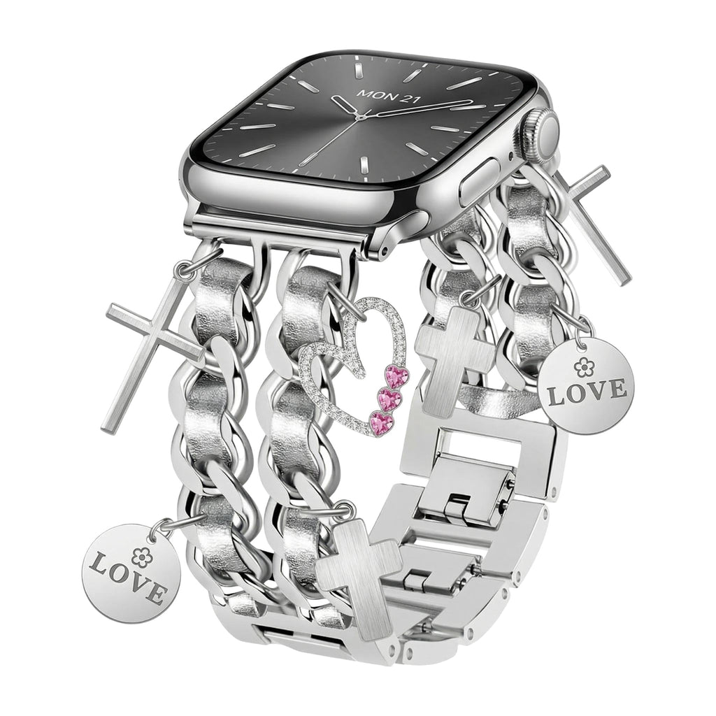 Correa Apple Watch, con múltiples dijes de corazón y cruz, eslabones metálicos a presión, joya para reloj de mujer, accesorio de tendencia, modelo Erza
