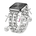 Correa Apple Watch, con múltiples dijes de corazón y cruz, eslabones metálicos a presión, joya para reloj de mujer, accesorio de tendencia, modelo Erza