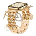 Correa Apple Watch, con múltiples dijes de corazón y cruz, eslabones metálicos a presión, joya para reloj de mujer, accesorio de tendencia, modelo Erza
