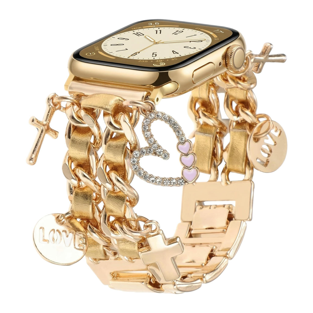 Correa Apple Watch, con múltiples dijes de corazón y cruz, eslabones metálicos a presión, joya para reloj de mujer, accesorio de tendencia, modelo Erza