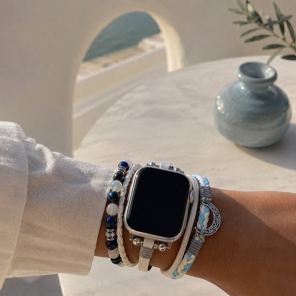 Pulsera multihilera blanca y azul para Apple Watch, piedras naturales y colgante de luna, cierre ajustable sin herramientas, modelo Hécate