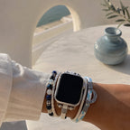 Pulsera multihilera blanca y azul para Apple Watch, piedras naturales y colgante de luna, cierre ajustable sin herramientas, modelo Hécate