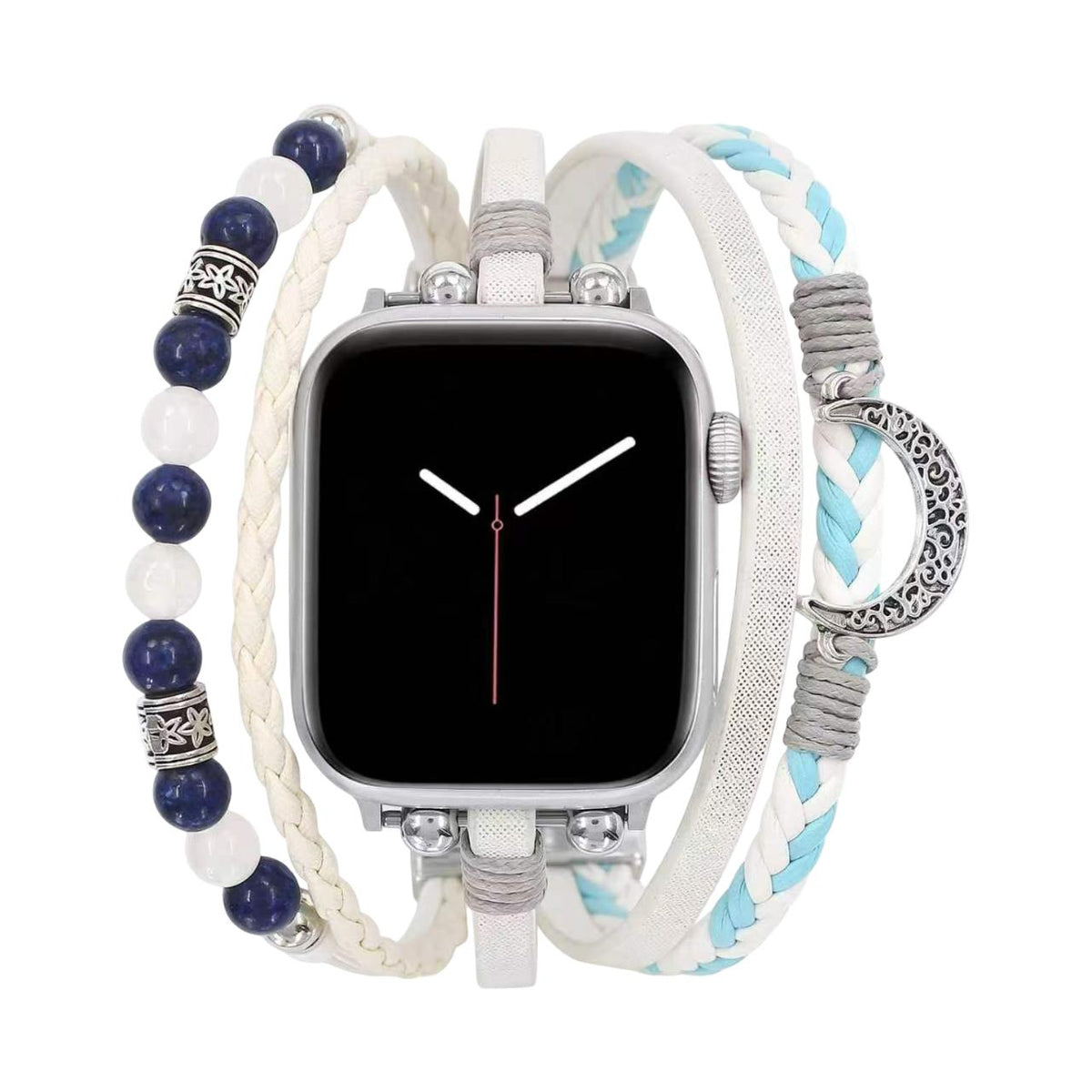 Pulsera multihilera blanca y azul para Apple Watch, piedras naturales y colgante de luna, cierre ajustable sin herramientas, modelo Hécate