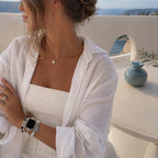 Pulsera multihilera blanca y azul para Apple Watch, piedras naturales y colgante de luna, cierre ajustable sin herramientas, modelo Hécate