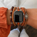 Pulsera multihilera naranja para Apple Watch, piedras naturales y colgante de sol, cierre ajustable sin herramientas, modelo Amaterasu