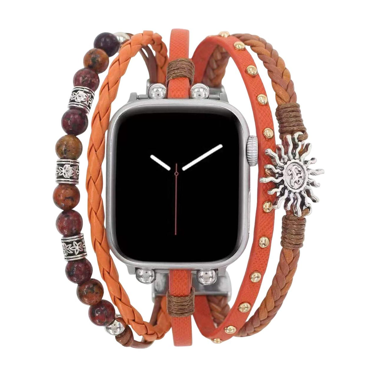 Pulsera multihilera naranja para Apple Watch, piedras naturales y colgante de sol, cierre ajustable sin herramientas, modelo Amaterasu