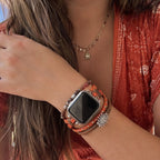 Pulsera multihilera naranja para Apple Watch, piedras naturales y colgante de sol, cierre ajustable sin herramientas, modelo Amaterasu