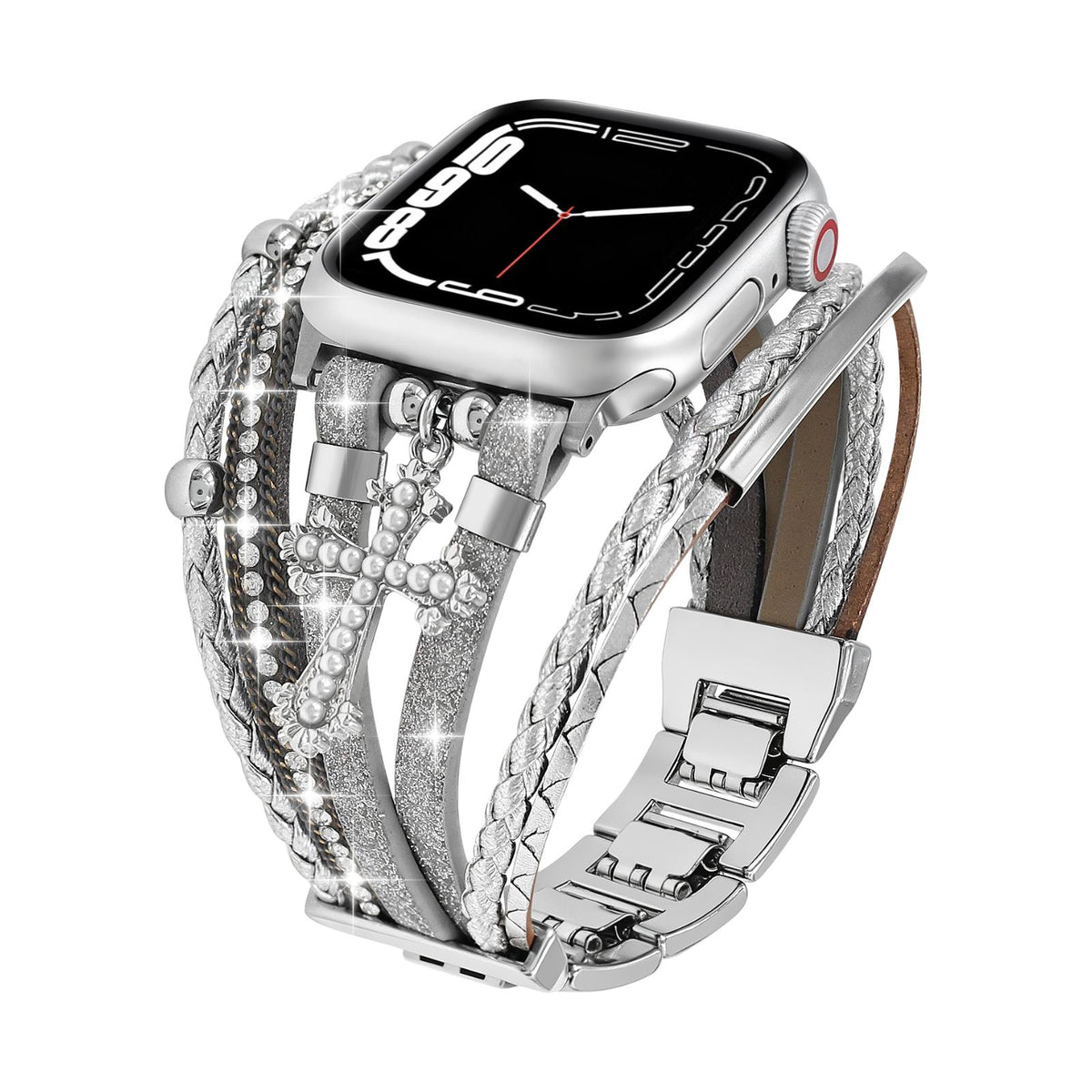 Correa Apple Watch multicapa para mujer, correa de material sintético con cruz cristiana, eslabones ajustables a presión, modelo Stravada