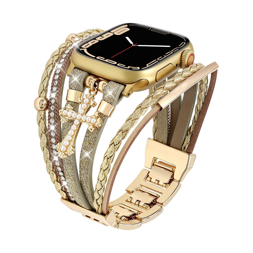 Correa Apple Watch multicapa para mujer, correa de material sintético con cruz cristiana, eslabones ajustables a presión, modelo Stravada
