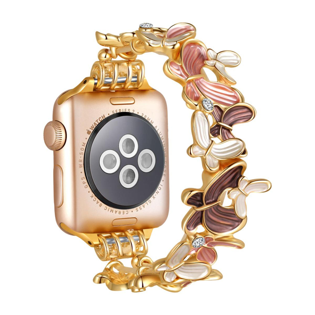 Correa Apple Watch con motivo de mariposas esmaltadas, malla elástica con strass, modelo Marjorie