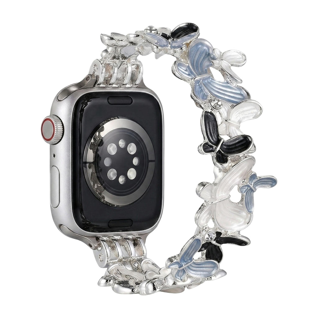Correa Apple Watch con motivo de mariposas esmaltadas, malla elástica con strass, modelo Marjorie