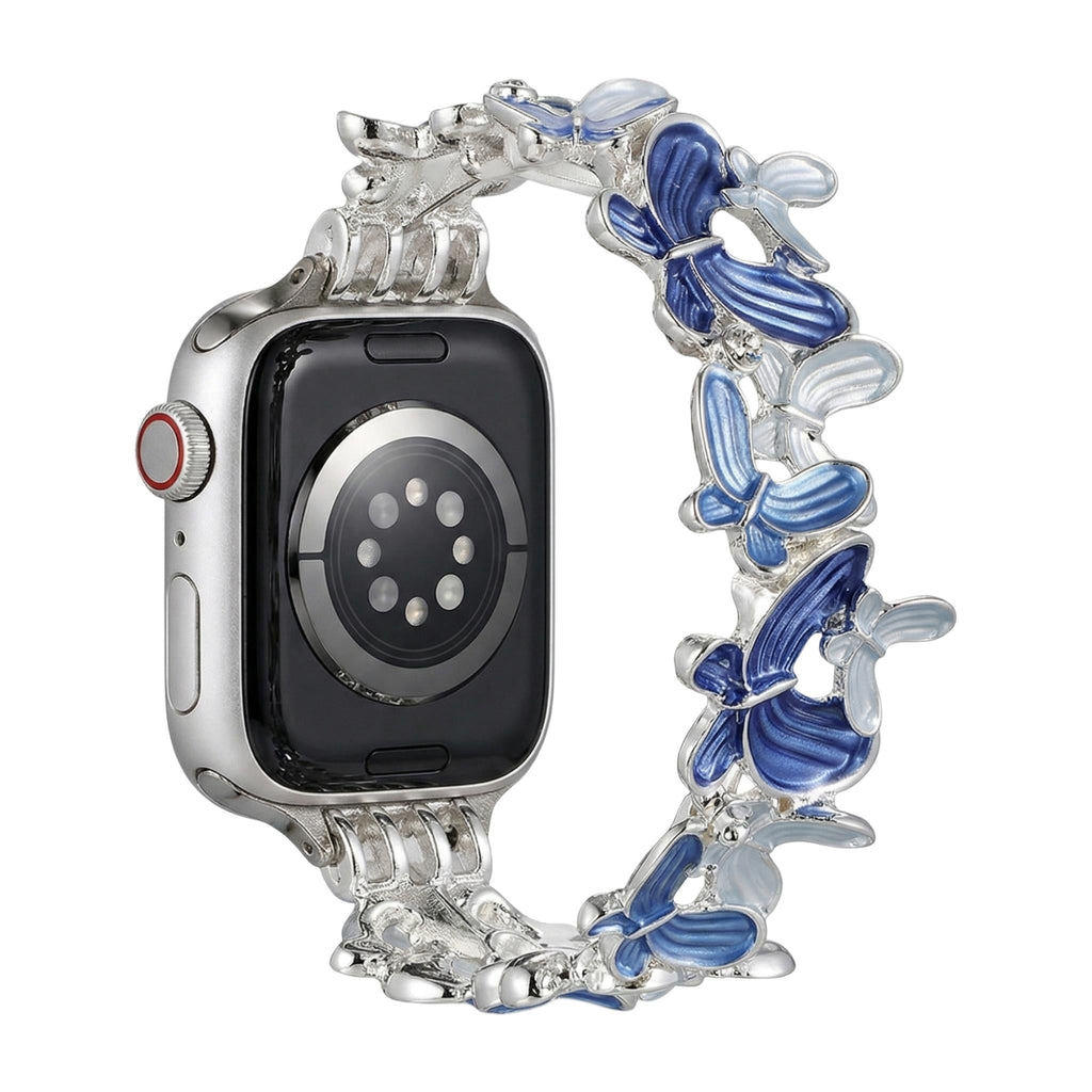 Correa Apple Watch con motivo de mariposas esmaltadas, malla elástica con strass, modelo Marjorie